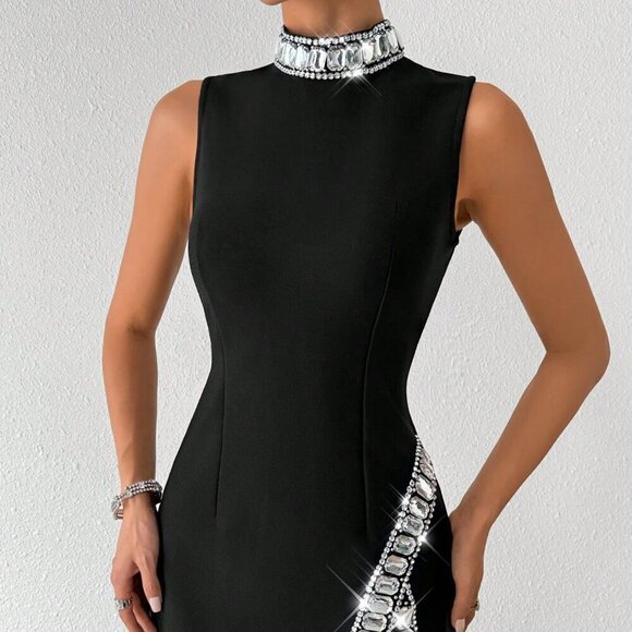 Black Chic Elegant Women's Sleeveless Rhinestone Dress - Picture 4 of 5